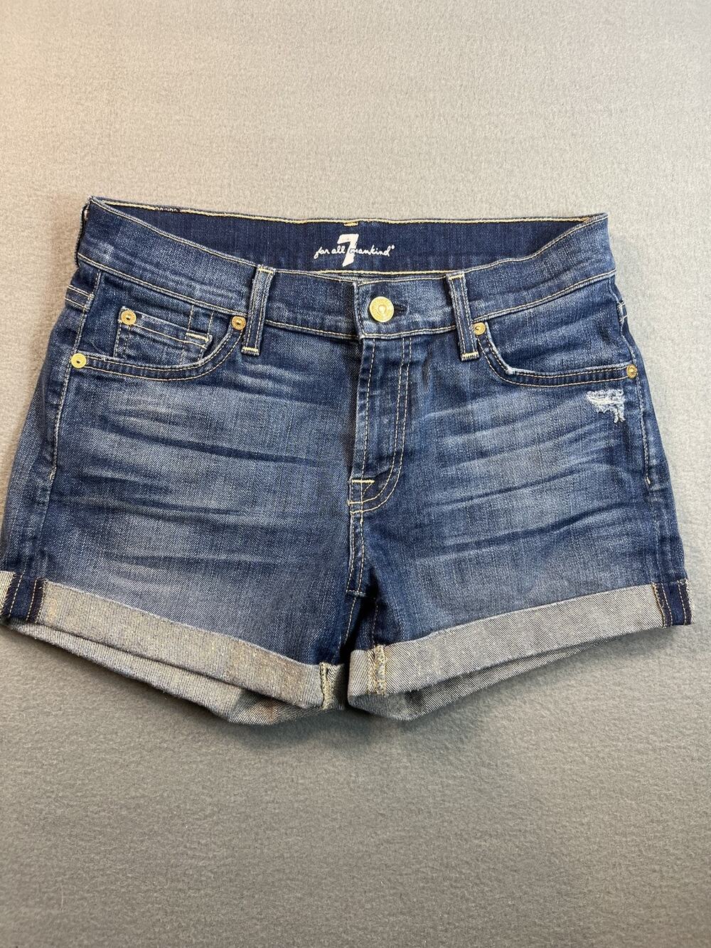 7 For All Mankind Women's Cuffed Denim Shorts Size 25 Blue Wash Pre-Owned
